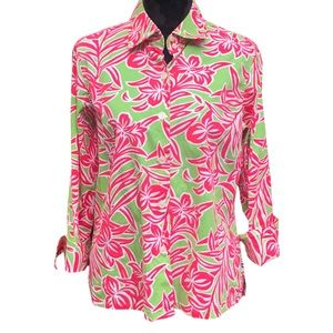 Izod Pink & Lime Hawaiian Stretch Oxford Shirt size Large